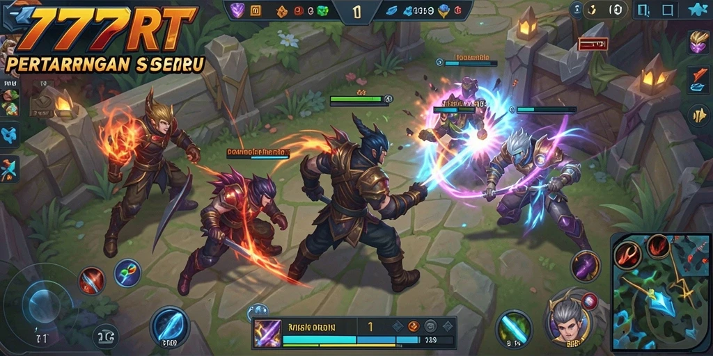 Gameplay seru 777RT dengan pertarungan karakter MOBA yang strategis.