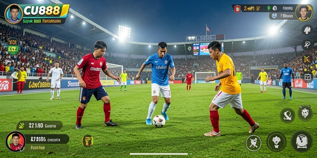 Screenshot CU888 menampilkan aksi seru di lapangan sepak bola.