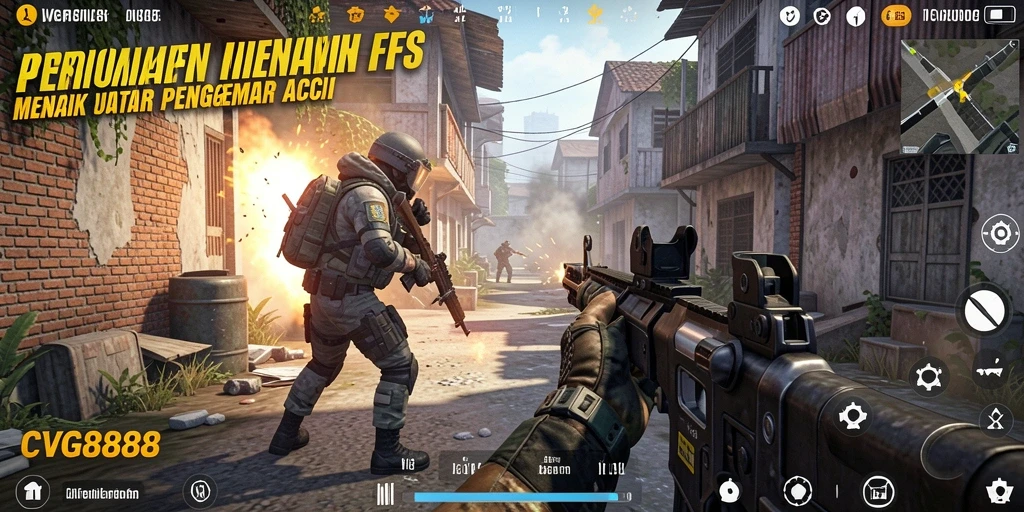 Screenshot utama CVG8888 menampilkan aksi tembak-menembak yang intens dalam mode FPS.