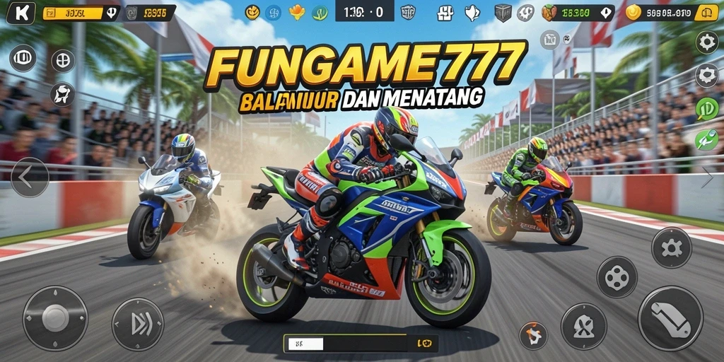 Screenshot gameplay FUNGame777 menampilkan balapan motor yang seru.