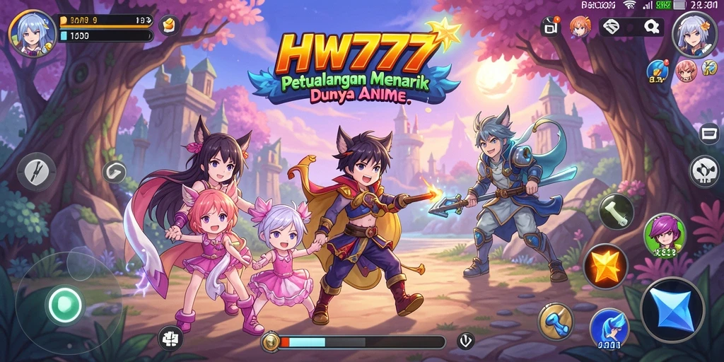 Tangkapan layar utama HW777 menampilkan pertarungan seru dalam gaya anime.