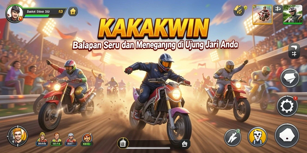 Screenshot utama KAKAKWIN menampilkan aksi balapan yang mendebarkan.