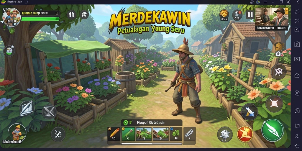 Tampilan gameplay MERDEKAWIN yang seru dengan kegiatan berkebun.