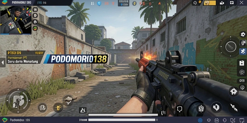 Screenshot dari gameplay intens di PODOMORO138 menunjukkan aksi tembak-menembak yang mendebarkan.